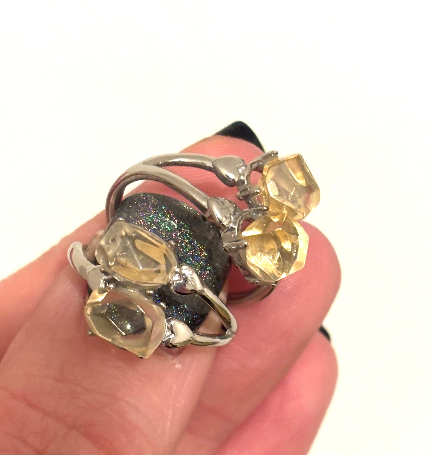 Natural Faceted Citrine High Grade Double Gem Silver Plated Adjustable Ring