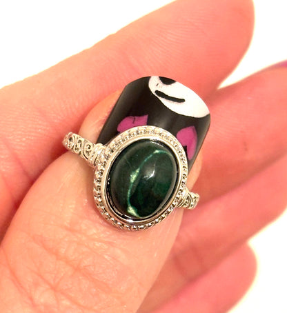 Malachite Silver Plated Adjustable Ring