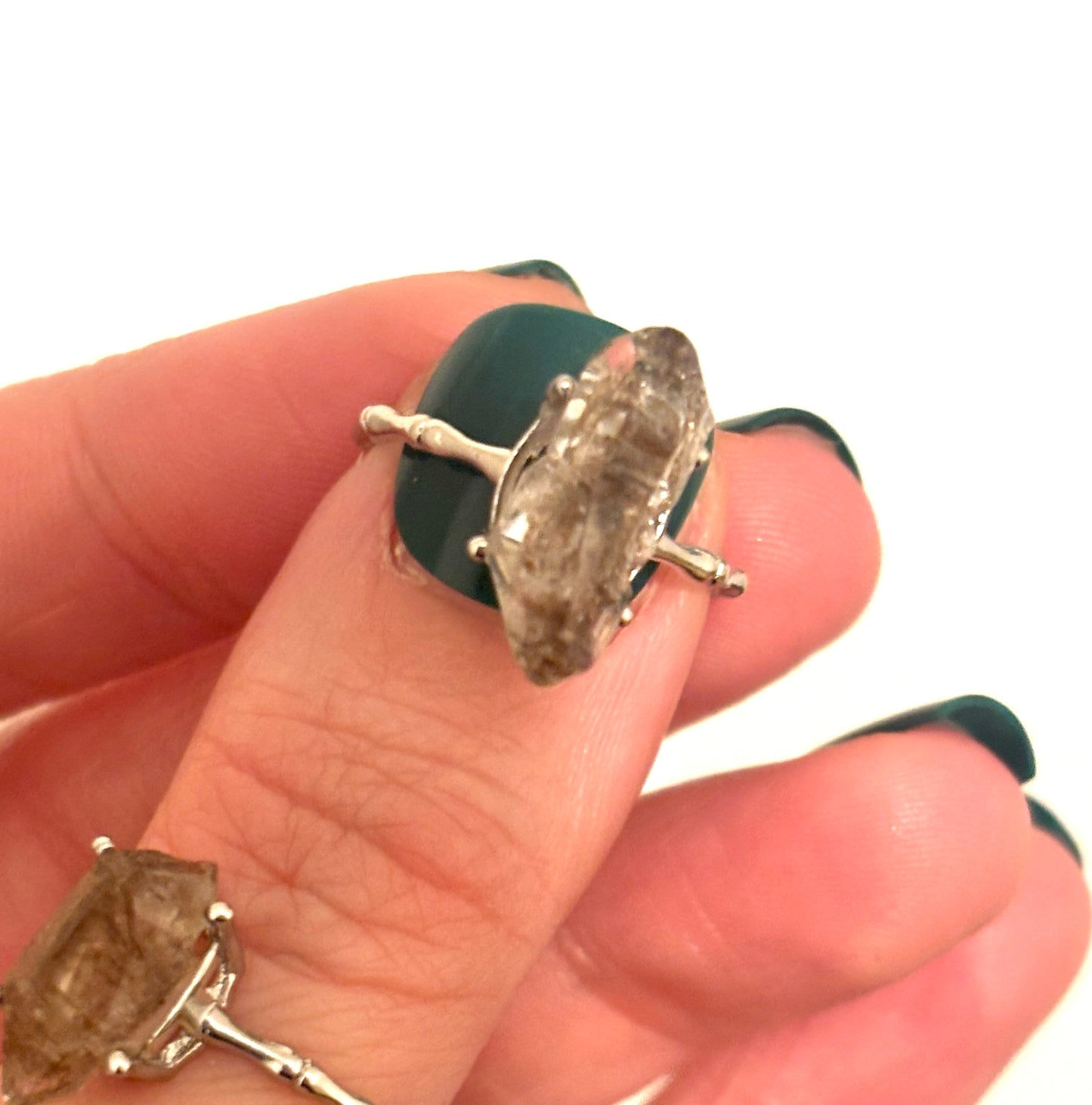 Smokey Quartz Herkimer Diamond Silver Plated Adjustable Ring