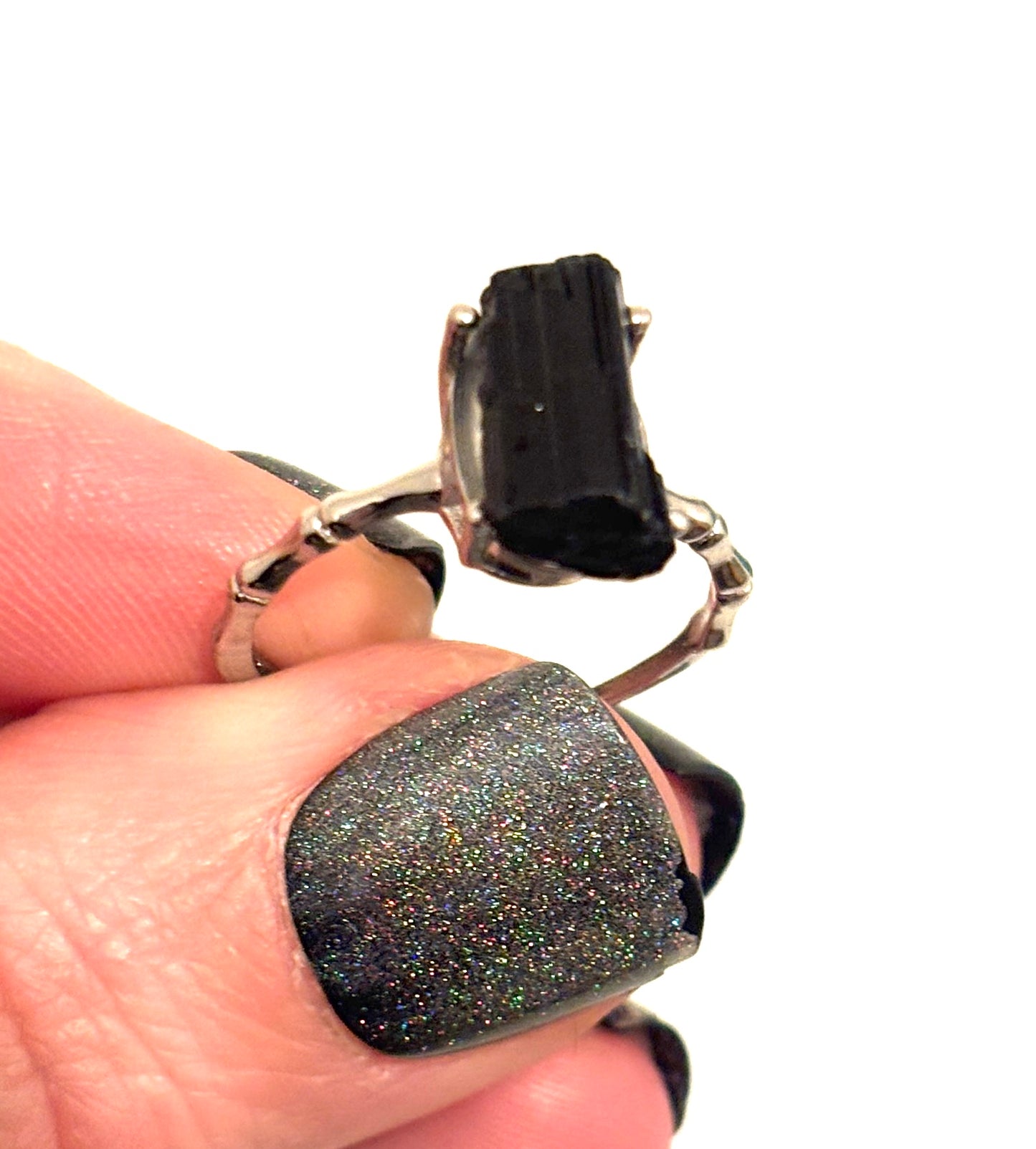 Black Tourmaline High Grade Silver Plated Adjustable Ring