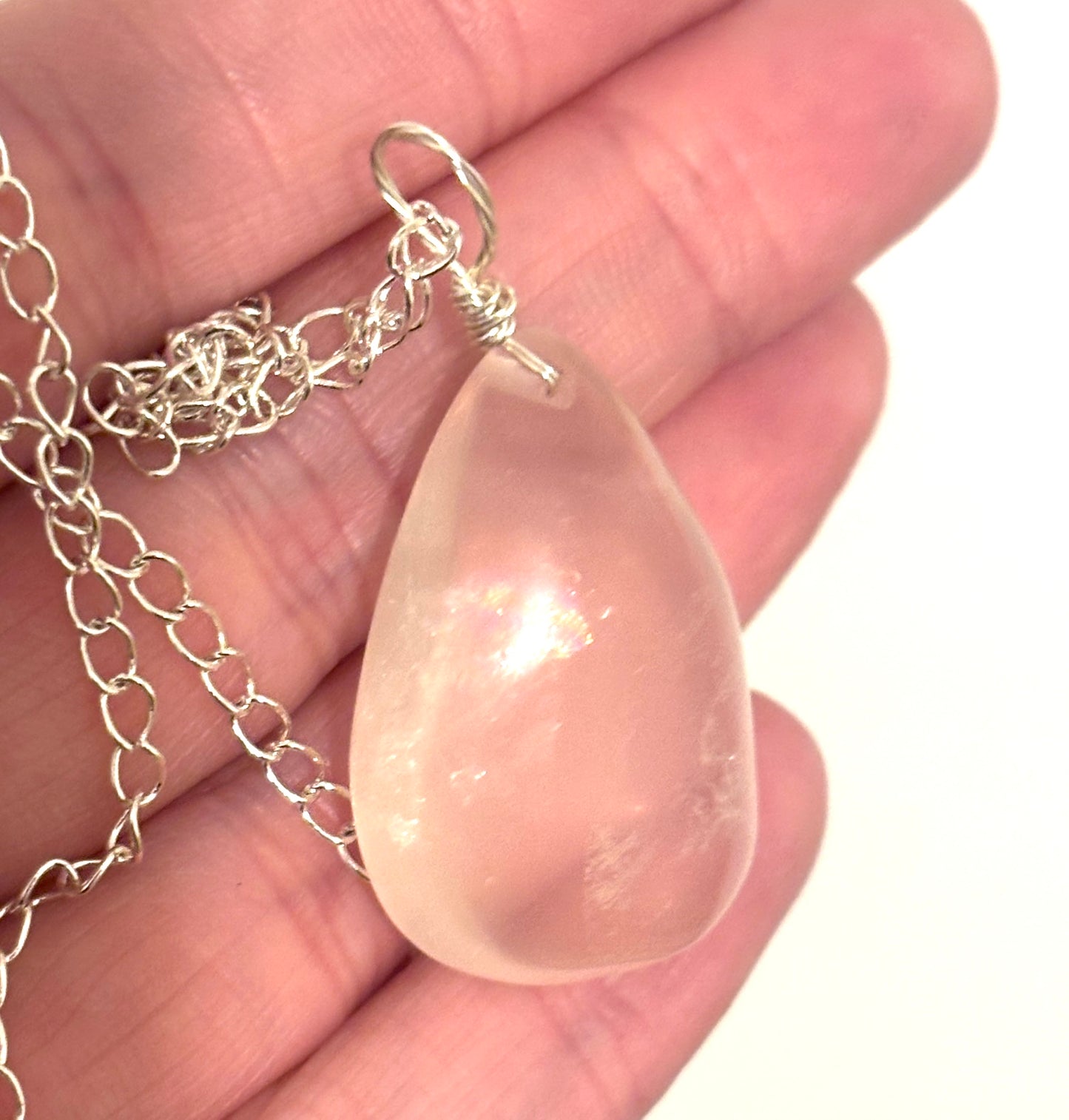 Madagascan Rose Quartz with Stat Asterism Highest Grade Drop Pendant on Long Silver Plated Chain