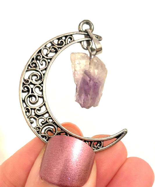 Amethyst (Raw) Silver Plated Moon Pendant