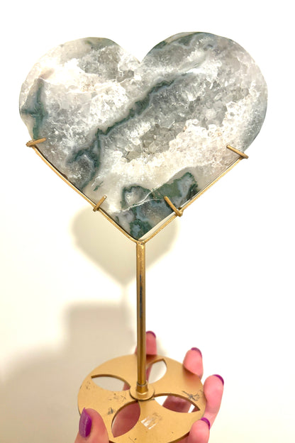 Moss Agate Druzy High Grade Large 750g Heart on Stand