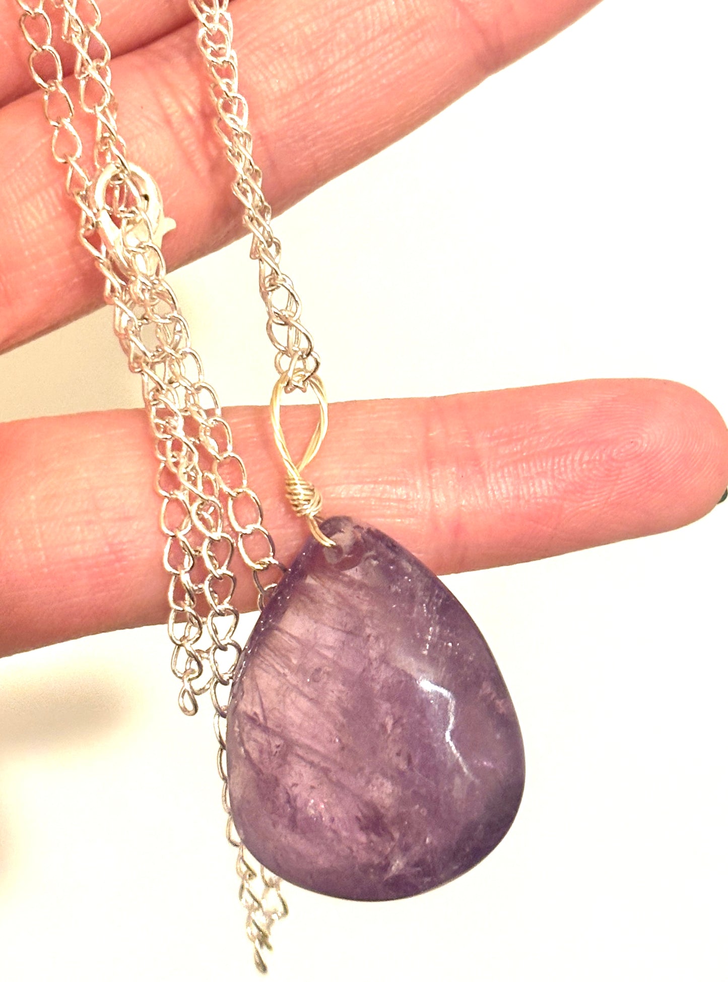 Amethyst High Grade Drop Pendant on Long Silver Plated Chain